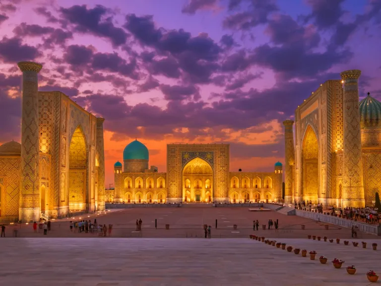 Blue-domed mosque and square in Samarkand, Uzbekistan