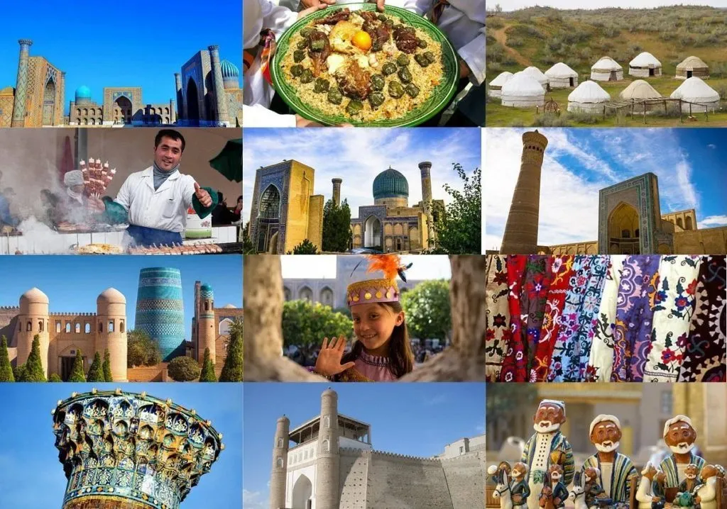 Collage of Uzbek heritage sites, cuisine, and culture