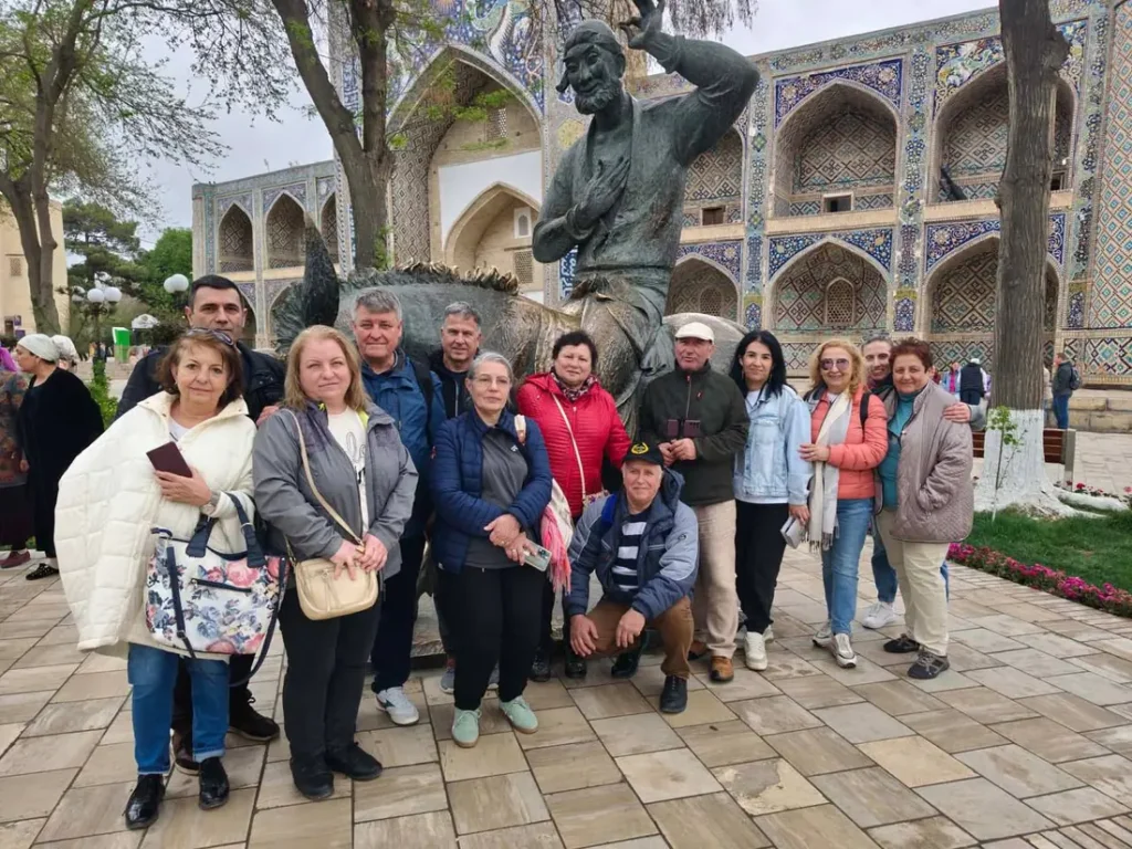 Bronze statue with a camel at the Registan, Samarkand