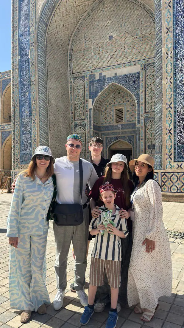 Blue-tiled madrasah portal in Samarkand, Uzbekistan